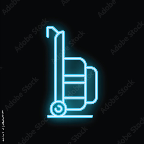 Blue neon sign of a luggage cart with a suitcase is standing in front of a black background