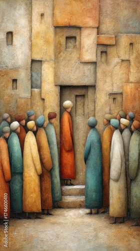 People gathered around a doorway in a colorful old town