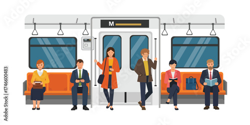 Commuters on the Subway Train Vector Illustration Public Transportation Daily Life City Travel Metro System Passengers
