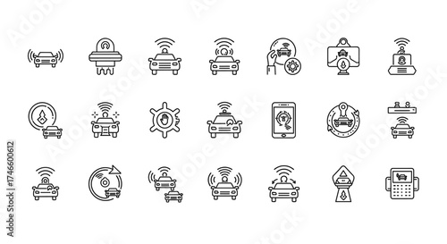 A collection of line art icons representing autonomous vehicles and self-driving car technology, showcasing various aspects of automated transportation and connectivity.