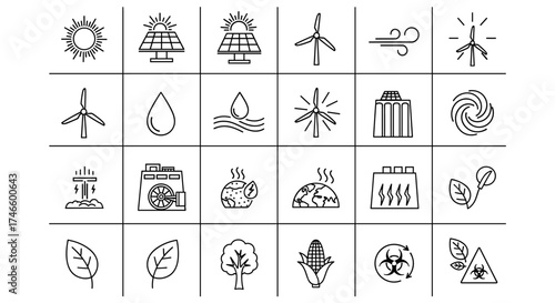 A collection of outlined icons illustrating various renewable energy sources, environmental concepts, and sustainable practices, perfect for design and educational purposes.