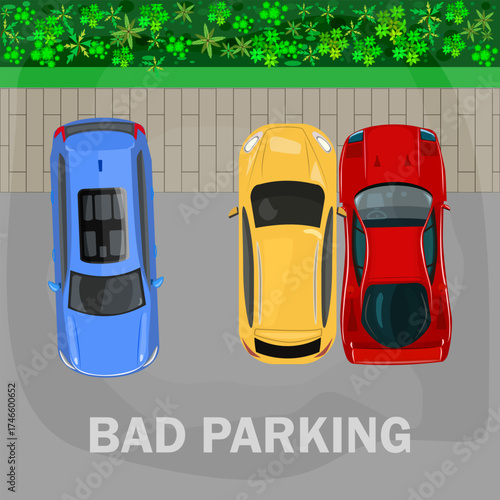 Bad or wrong parking. Parking lot with bad parked cars. Improperly parked automobiles. Vehicle is parked too close another car. Parking zone. Rules of the road.Cars top view.Traffic regulations.Vector
