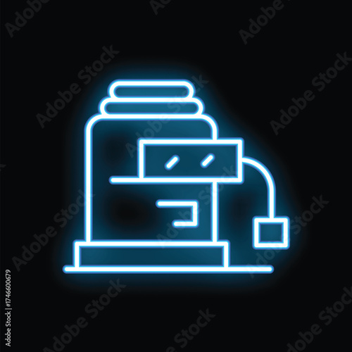 Blue glowing neon icon of a water heater boiler, using electricity to heat water