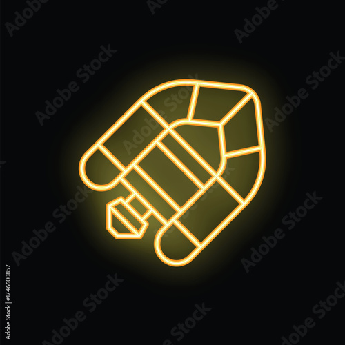 Bright yellow neon icon of an inflatable motor raft glowing against a dark background