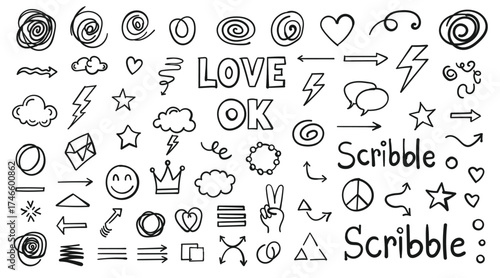 Collection of handdrawn doodle elements isolated on white background featuring sketch icons, playful symbols, peace sign, love heart, swirl design, and graphic art.