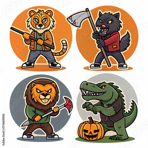Scary Sports Animal Mascots with Weapons for Halloween (Vector Illustration Set)