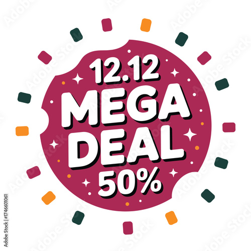 1212 mega deal 50 off sticker isolated on white background, perfect for promoting shopping season deals and discounts on social media