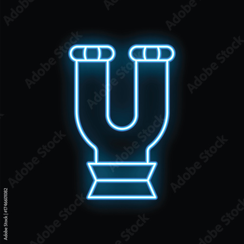 Blue neon sign illustrating a tuning fork glowing on black background