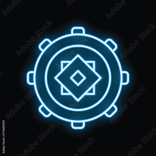 Bright blue neon dharmachakra buddhist wheel icon glowing on a black background