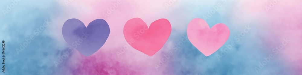 Fototapeta premium Three watercolor hearts on pastel background