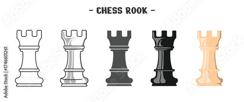 Chess rook set design, available in outline, solid and colored, editable vector.
