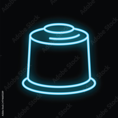 Neon blue icon of a spool of thread glowing on a black background