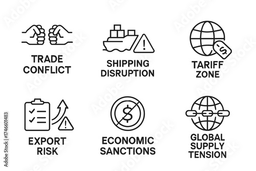 A set of six black and white line icons representing global trade issues, including conflict, shipping disruption, tariffs, export risk, sanctions, and supply chain tension, all on a white background.