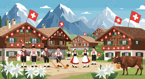 A vibrant illustration depicts a Swiss village scene, featuring traditional wooden chalets adorned with flags, people in folk attire, mountains, a cow, and edelweiss flowers, conveying a sense of