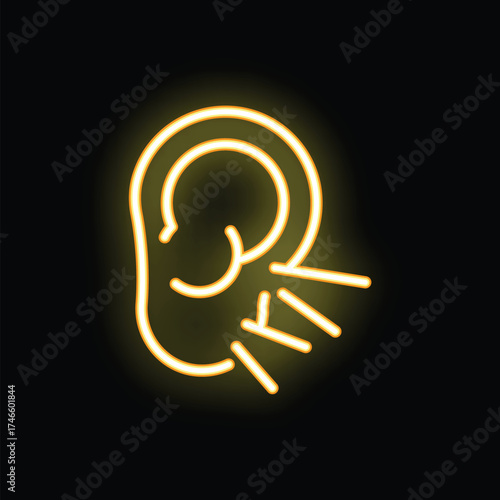 Yellow neon icon of an ear receiving sound waves, representing concepts like listening, audiology, and communication