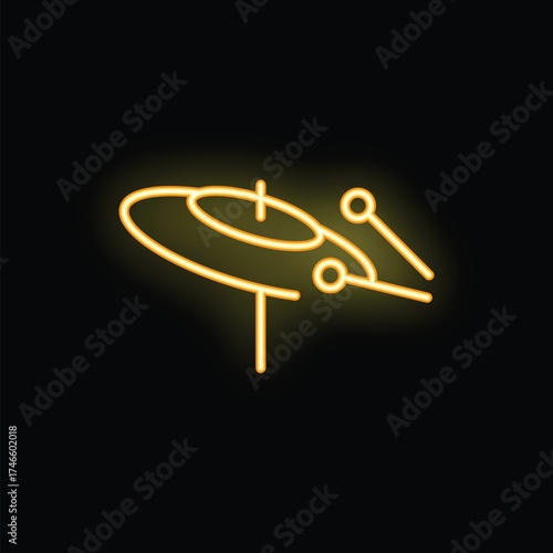 Bright yellow neon sign depicting cymbal being hit by drumsticks, great for entertainment industry