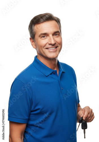 Taxi driver holding car key,smiling isolated on white