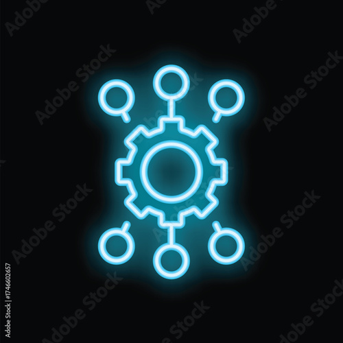 Neon blue glowing decentralized system concept with cogwheel icon on black background