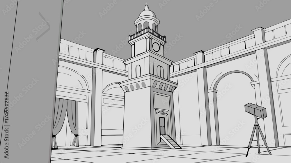 Fototapeta premium Architectural Sketch of a Grand Interior Space with Tower.
