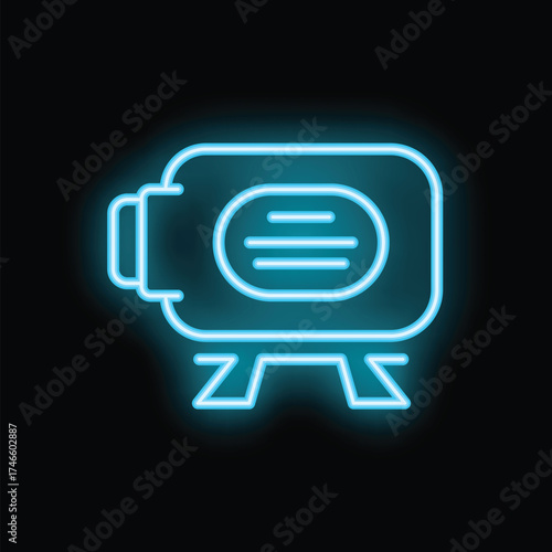 Neon sign showing an electric generator glowing blue, on a black background