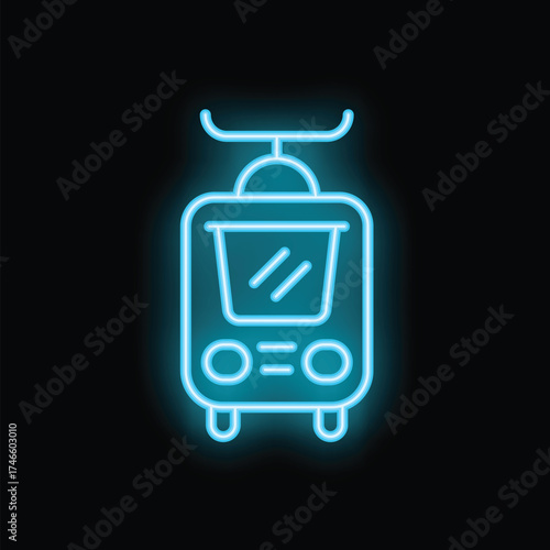 Blue neon sign depicting a tram or train is glowing on a black background