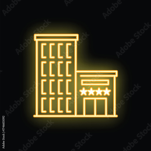Yellow neon sign showing a five star hotel, with glowing windows and doors, on a black background