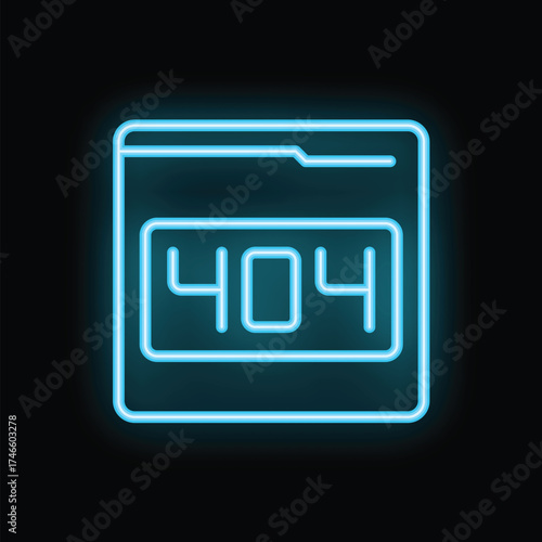 Bright glowing blue neon 404 error page not found symbol sign on a black background