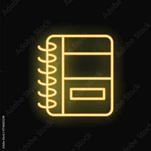 Yellow neon notebook icon glowing on dark background, symbol for note taking, studying or journaling