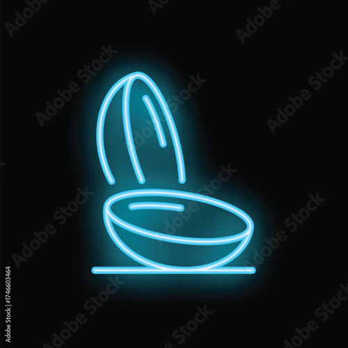 Bright blue neon icon representing a steaming bowl of soup or noodles, isolated on a black background