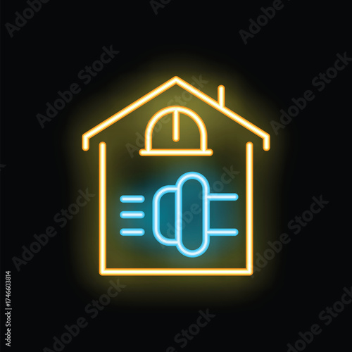 Glowing neon icon illustrating a house with an electric plug inside, symbolizing power supply and electricity connection
