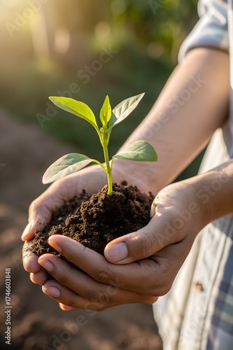 Closeup of a persons hands holding a young green plant seedling with soil, symbolizing growth and environmental awareness