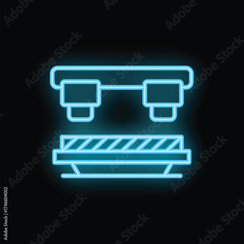 Bright blue neon sign depicting baggage claim area with conveyor belt moving luggage to passengers