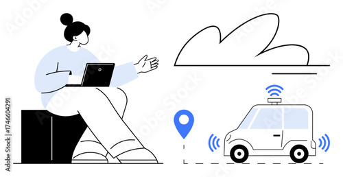 Woman with a laptop gestures near an autonomous car with GPS marker and wireless signals. Ideal for transportation, technology, innovation, communication, mobility, GPS, connectivity. Simple flat