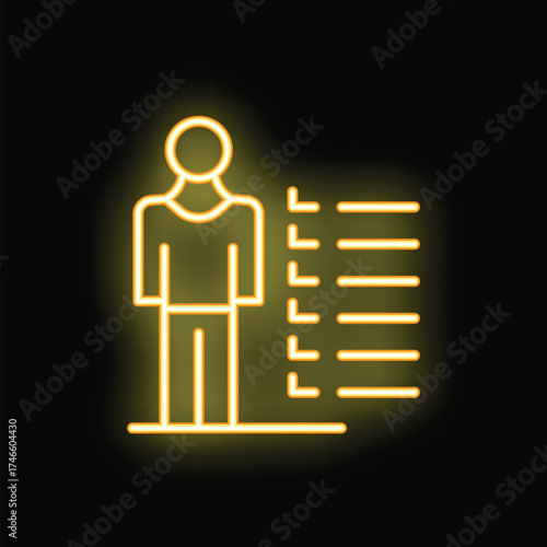 Yellow neon glowing symbol of person making decision, picking from list of choices, on black background