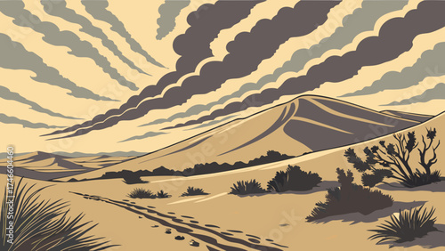 Desert landscape sand dunes arid scenery tire tracks sunset nature illustration vector art graphic design dramatic sky cloudscape beige tones minimalist art peaceful scene western th.