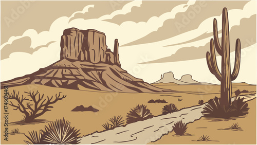 Desert Landscape with Buttes and Cacti.