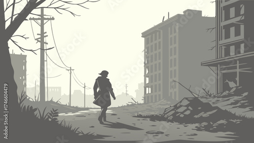 Desolate Cityscape with lone figure.