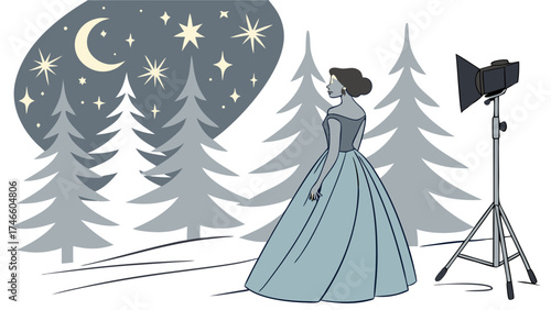 Elegant Gown Under Night Sky Studio Shot.