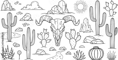 Desert set vector sketches. Hand drawn black and white line cactus, rocks, skull, and elements of the landscape.