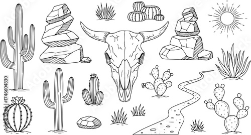 Desert set vector sketches. Hand drawn black and white line cactus, rocks, skull, and elements of the landscape.