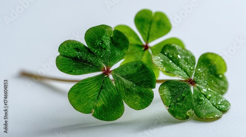 Three wet, vibrant four-leaf clovers sit on a light gray surface. Use this image to symbolize luck, success, or St. Patrick's Day.