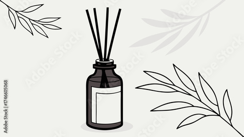 Essential Oil Diffuser Illustration with Floral Elements.