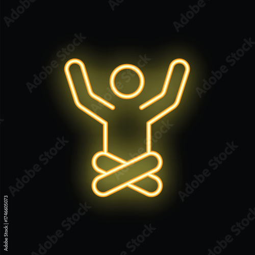 Neon yellow stick figure raising its arms while meditating in lotus position