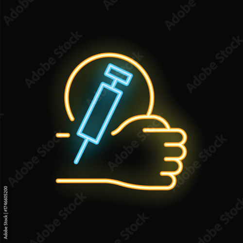 Glowing neon icon depicting a hand receiving an injection with a syringe, symbolizing vaccination, medical treatment, or healthcare