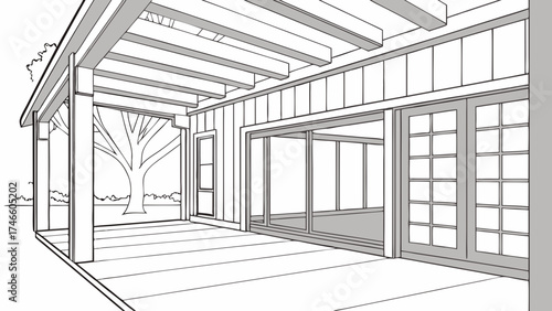 Exterior Home Design Sketch with Porch and Sliding Doors.