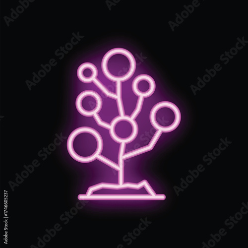 Neon sign in the shape of a data tree, glowing purple and symbolizing growth and connection in the digital age
