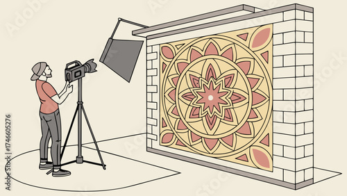Filming a Mandala Design on a Brick Wall with Professional Camera Equipment.