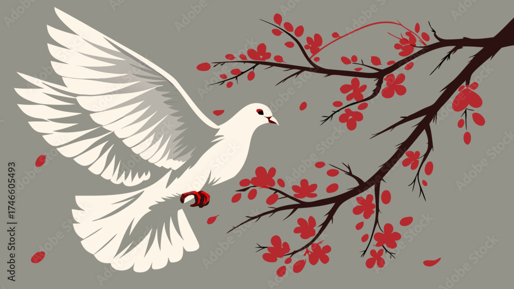 Fototapeta premium Flying Dove with Red Flowers and Falling Petals.