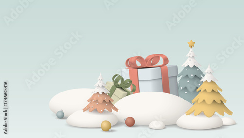 3D mini model of Winter Wonderland with gift boxes, snowdrift and decorated Christmas trees pastel colors graphic illustration have blank space.