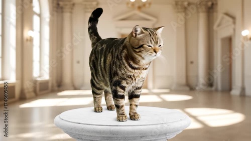 Cat standing on pedestal video tabby feline marble platform palace interior